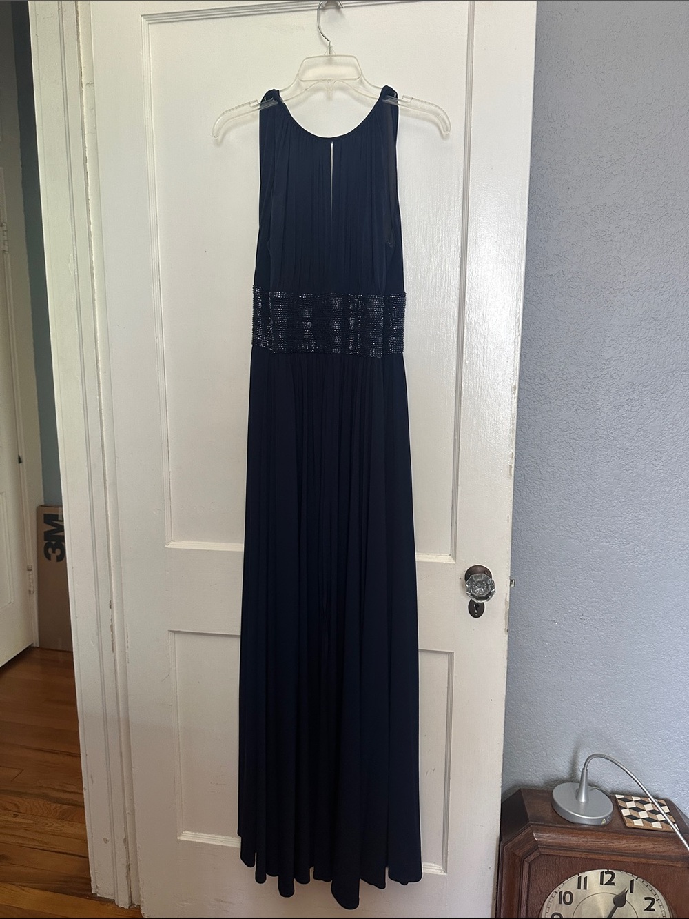 JS Boutique Navy Halter Gown with Beaded Waist